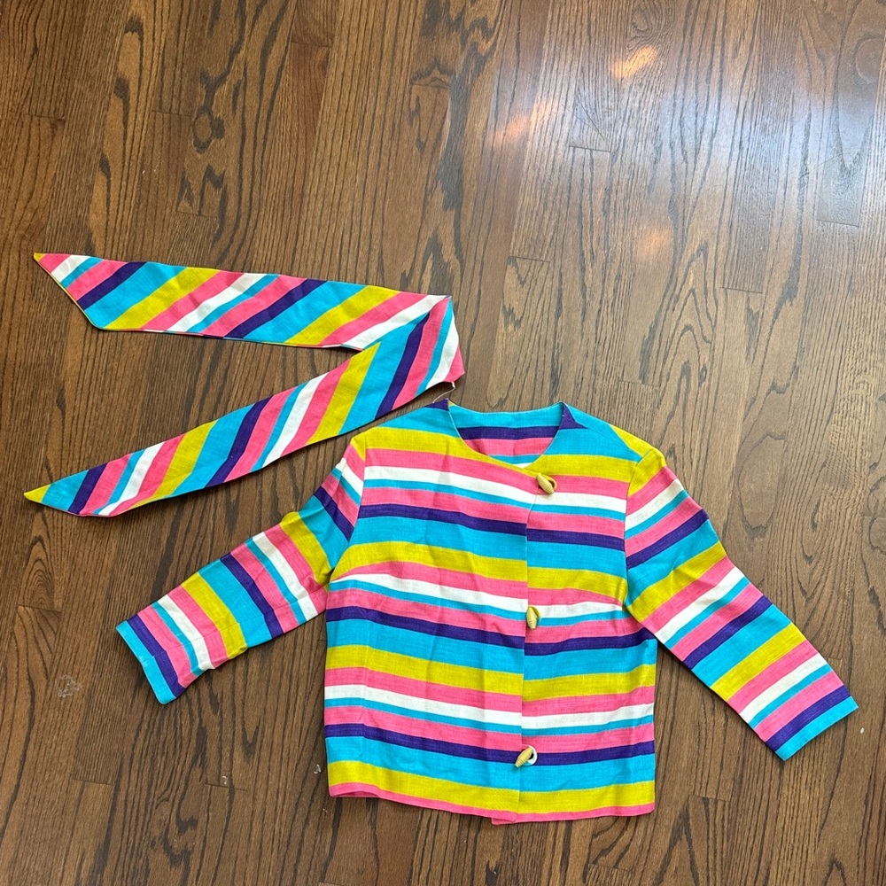 I. Magnin & Co Striped Cropped Canvas Jacket with Matching Sash